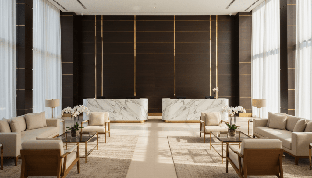 A meticulously staged hotel lobby interior featuring sculptural marble reception desks with polished stone surfaces, dramatic contrasting dark wood paneling, and delicate gold accents. Plush, neutral-toned lounge furniture in structured arrangements complements the space, accented by fresh white orchid centerpieces on low glass tables. The scene is illuminated by soft, diffused sunlight filtering through towering floor-to-ceiling windows, creating gentle highlights across the surfaces and maintaining an overall balanced illumination. The mood is calm, sophisticated, and professional, evoking a welcoming sense of luxury. Captured from a slightly elevated, wide-angle perspective, the composition emphasizes clean lines and symmetry within a photographic realism style, aligning perfectly with a premium corporate aesthetic for hotel consulting.