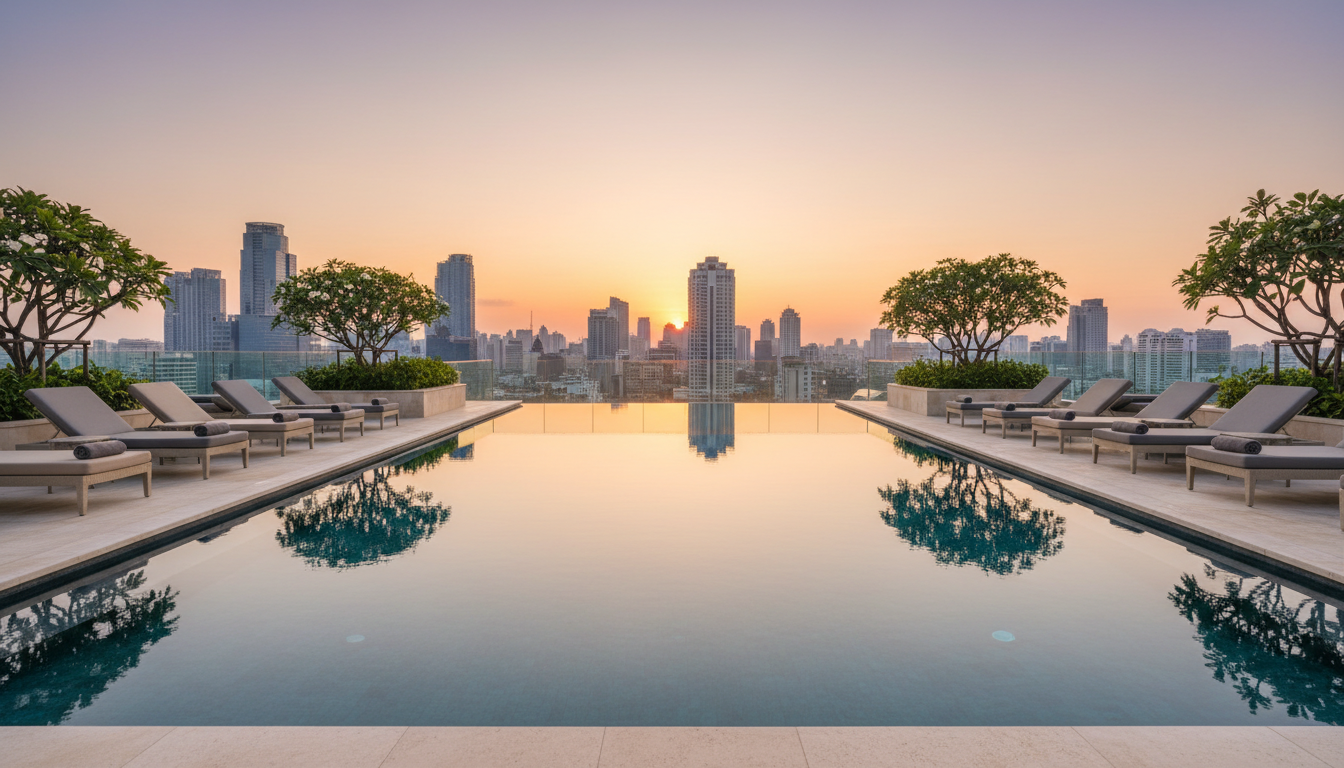 An expansive rooftop infinity pool overlooking a distant city skyline, the pool’s water glassy and impeccably clean, bordered by sleek travertine decking and modern neutral-toned loungers. The setting is a luxury hotel in South East Asia with manicured greenery subtly integrated into the design. Golden hour sunlight bathes the deck in a soft, warm glow, gently reflecting off the water and creating subtle, elongated shadows. The mood is aspirational and serene, suggesting seamless transformation and sophisticated leisure. Captured from a slightly low angle with a centered composition, the contemporary and structured visual conveys a pristine, high-end corporate feel with photographic realism.
