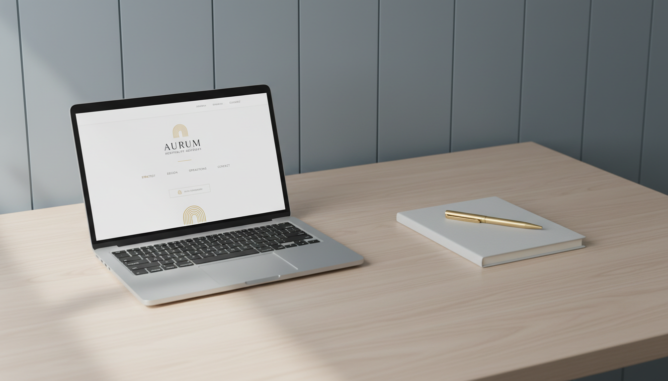 An organized business workspace featuring an open silver laptop with a minimalist luxury hotel consulting website on display, accompanied by a matte alabaster notebook and streamlined gold pen. The desk, made from pale ash wood with flawless grain, is set against an understated background of slate-gray wall paneling. Bright but indirect daylight streams in, illuminating the workspace and creating clean, soft-edged shadows beneath each object. The mood is efficient and composed, with a focus on clarity and professionalism. Photographed at eye-level with rule of thirds composition, the image embodies a modern corporate narrative, supporting the consulting theme with understated luxury.